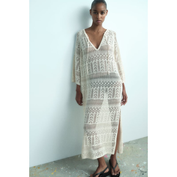 ZARA Crochet Maxi Dress Sheer Open Knit Long Sleeve Beach Cover Up Dress, Cream - Picture 14 of 14